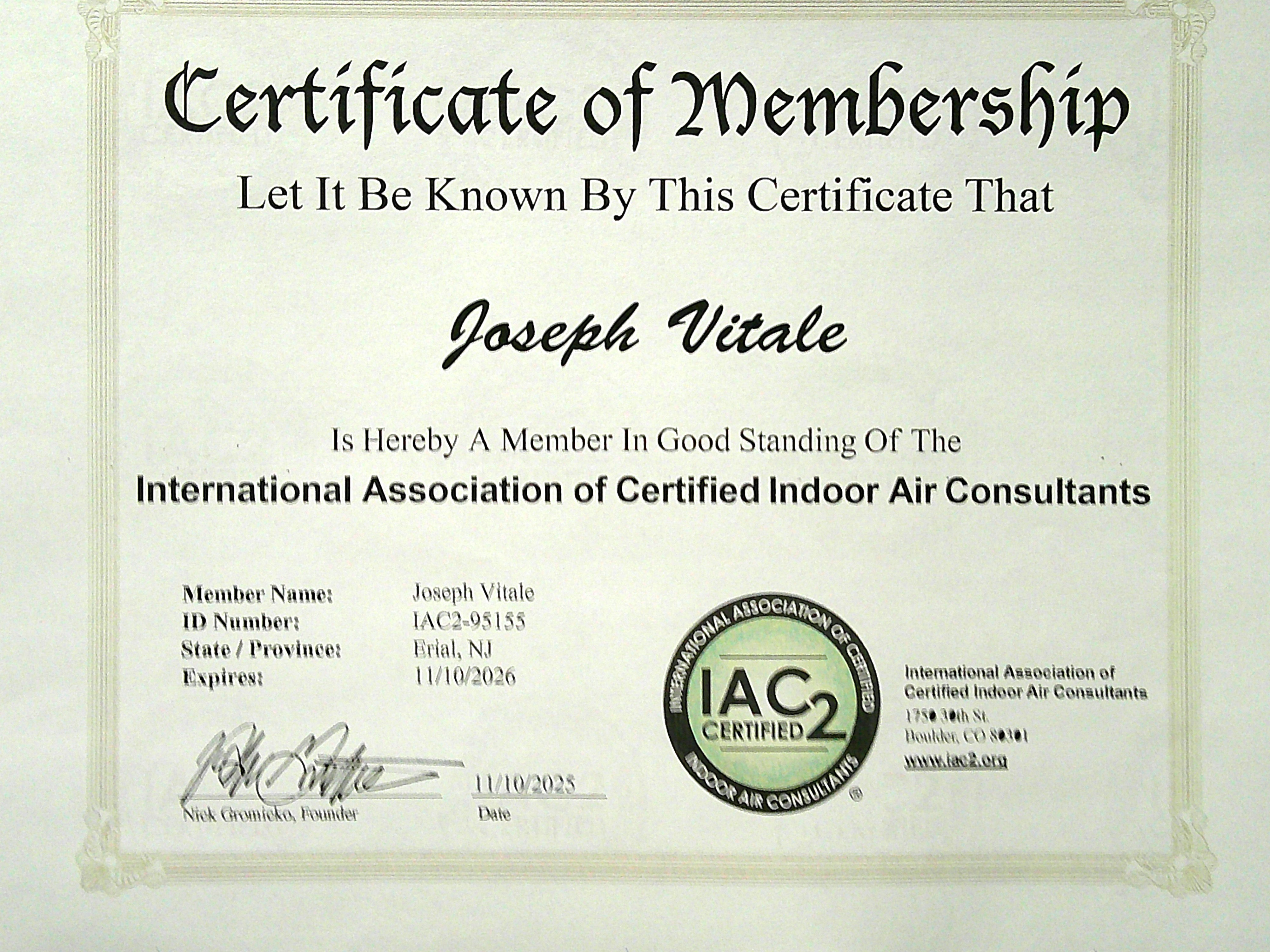 IAC2 Certified Indoor Air Consultant Membership Certificate