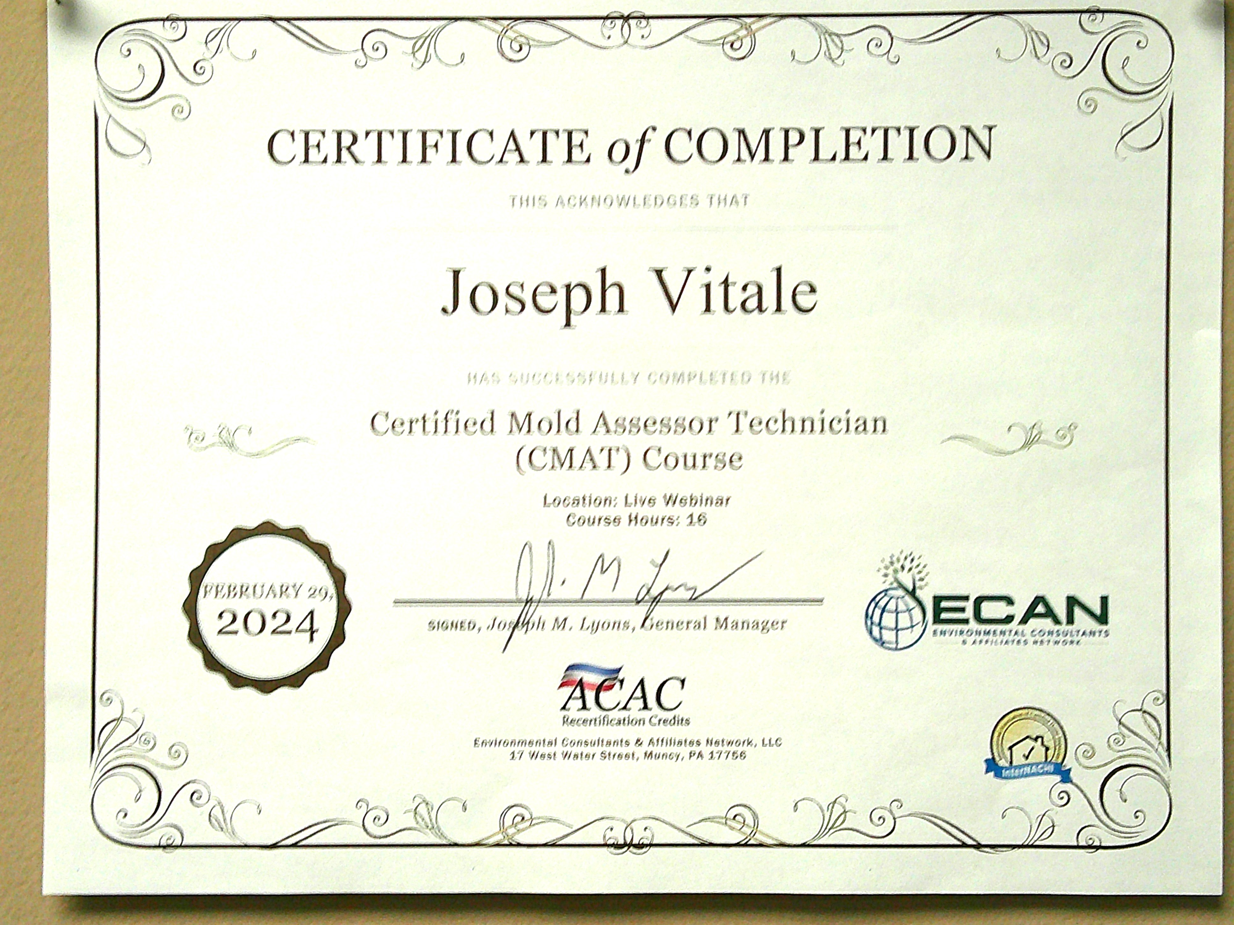 Certified Mold Assessor Technician (CMAT) Certificate - February 2024