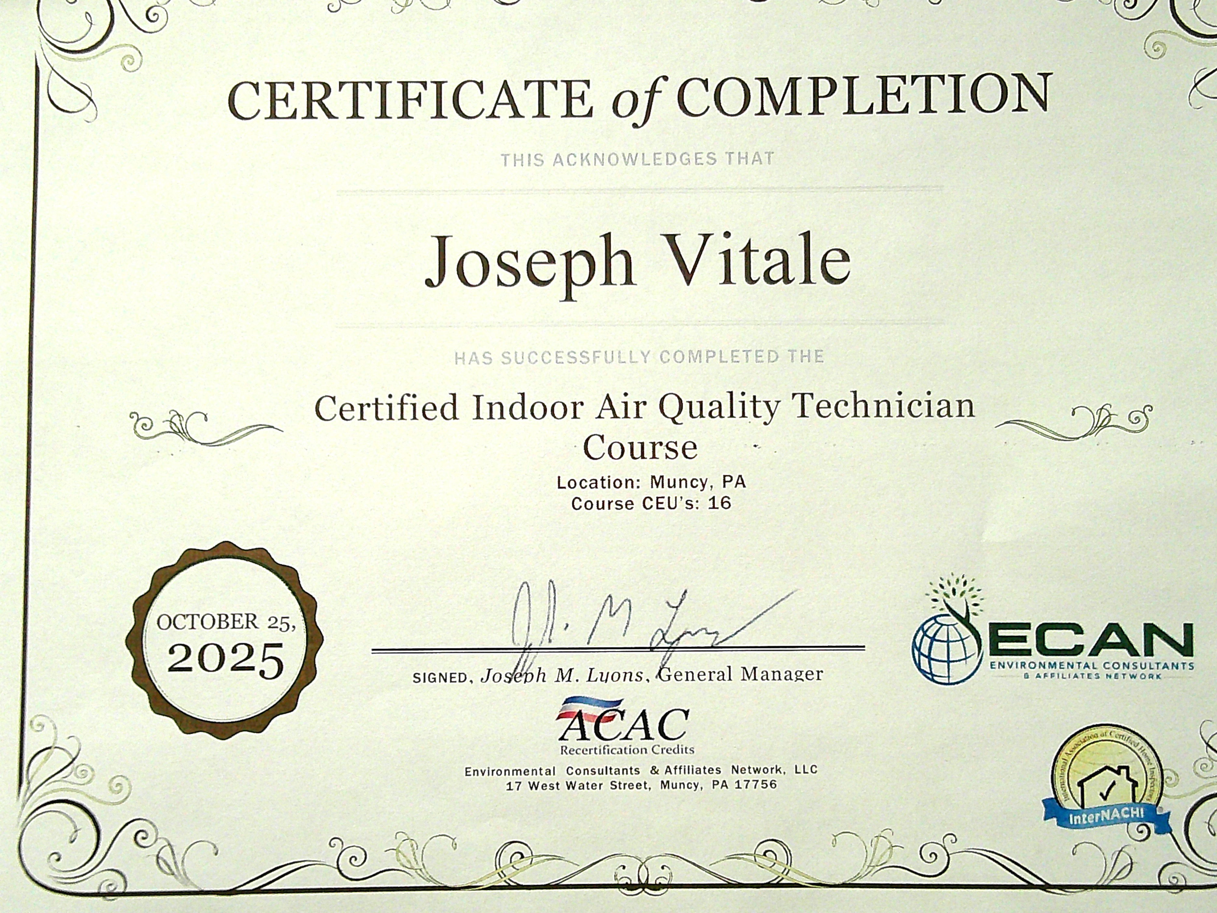 Certified Indoor Air Quality Technician Certificate - October 2025